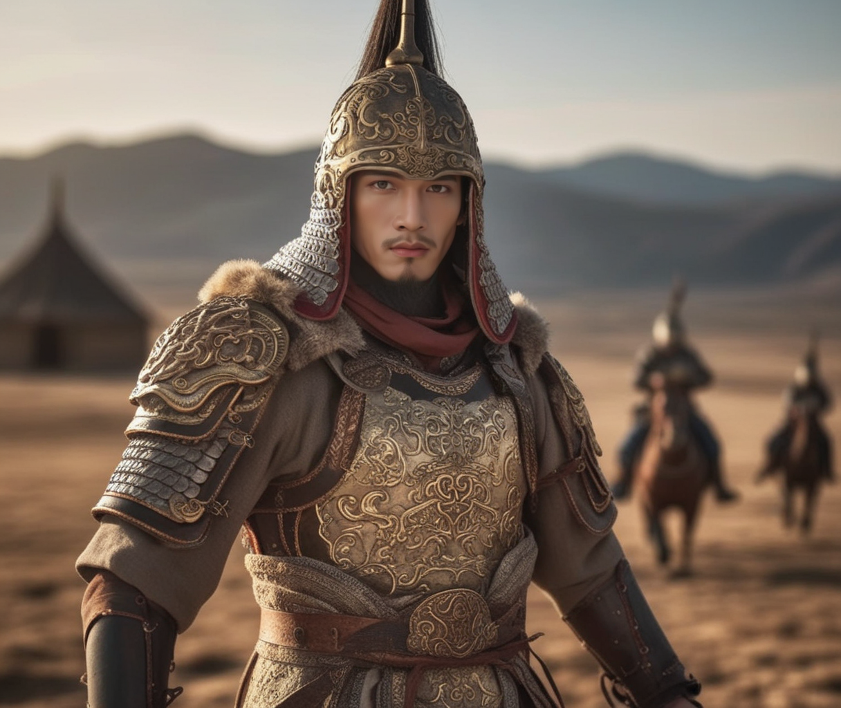 02271-991784895-_lora_Qige中国甲胄_XX_42_3-000002_0.58_,a 23 year old chinese man,Chinese armor,Mongolian armor,helmet,standing,solo,Detailed battle.png